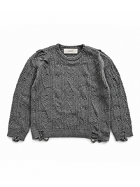 GREY DISTRESSED CABLE CREWNECK