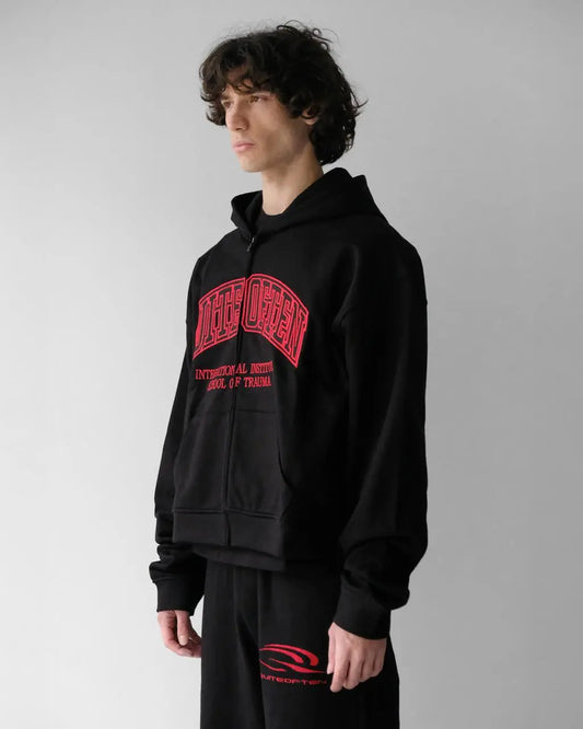 RED ON BLACK COLLEGE ZIP HOODIE