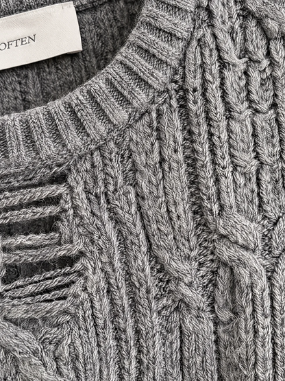 GREY DISTRESSED CABLE CREWNECK