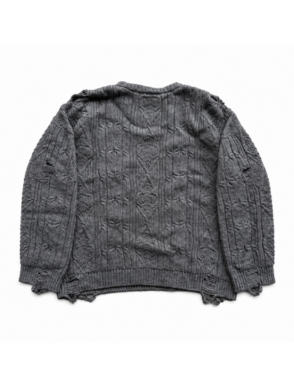 GREY DISTRESSED CABLE CREWNECK
