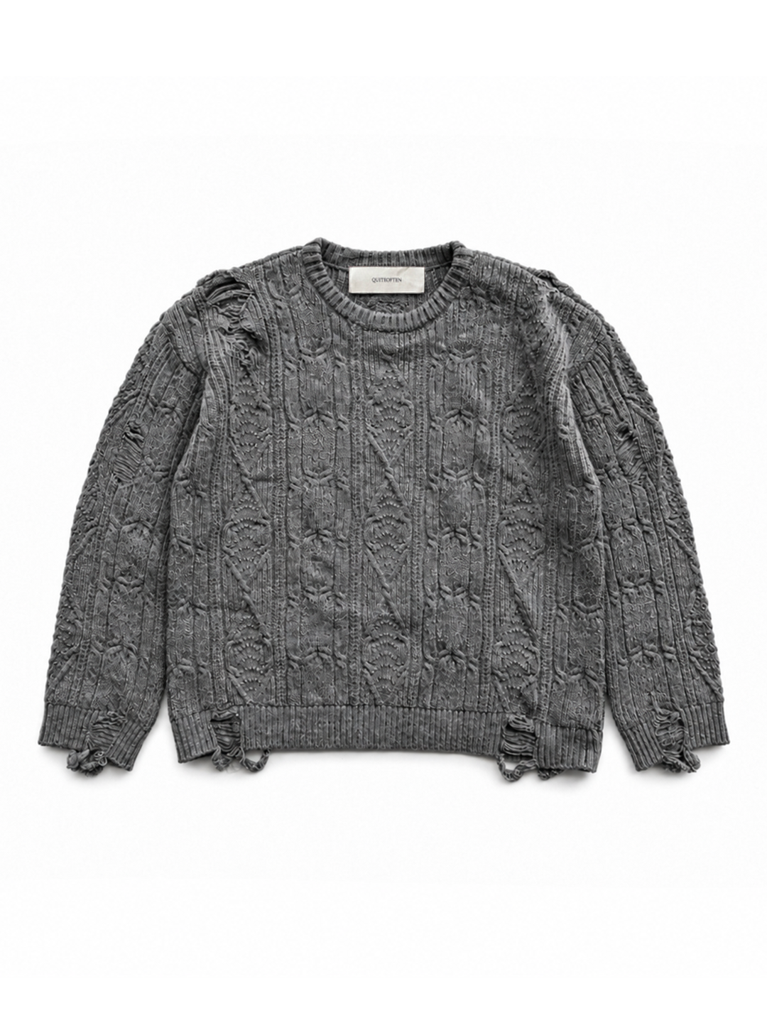 GREY DISTRESSED CABLE CREWNECK