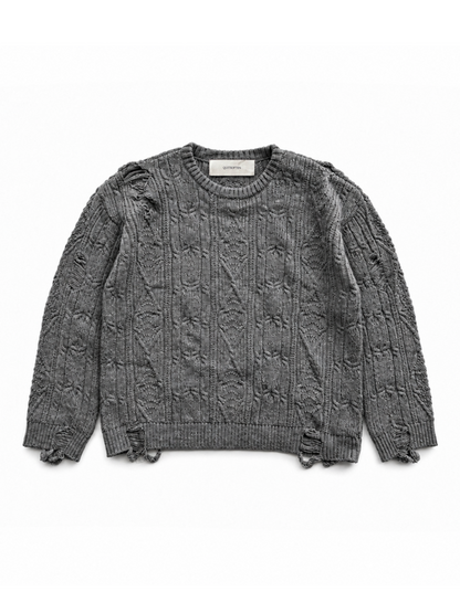 GREY DISTRESSED CABLE CREWNECK