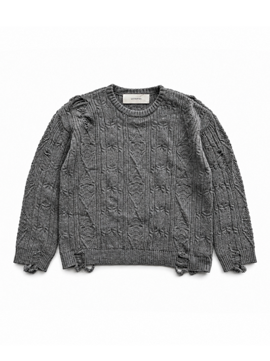 GREY DISTRESSED CABLE CREWNECK