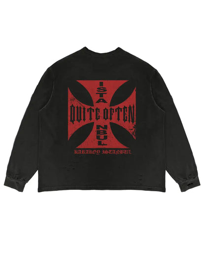 BLACK DISTRESSED CROSS LONGSLEEVE