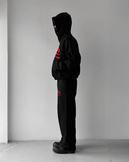 RED ON BLACK SPORTS LOGO HOODIE
