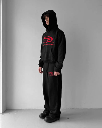 RED ON BLACK SPORTS LOGO SWEATPANTS