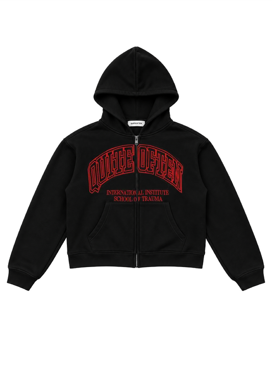 RED ON BLACK COLLEGE ZIP HOODIE